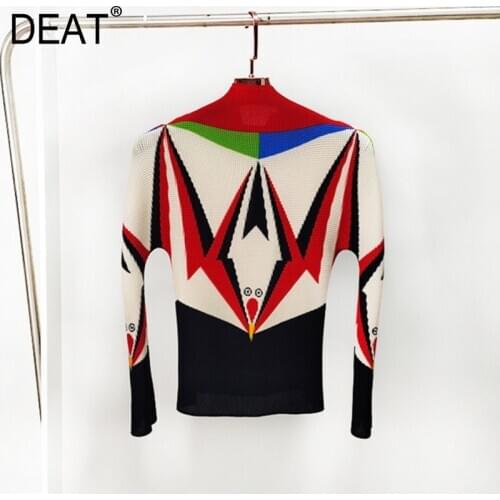 DEAT Pleated Womens T-shirt Geometric Print Turtleneck Long Sleeve Pullover Loose Wild Casual 2021 New Autumn Fashion HT413