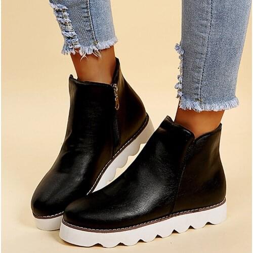 Women Boots Plus Size PU Leather Non-Slip Solid Color Flat Zipper Round Toe Short Booties Round Toe Shoes ботинки женские Mujer