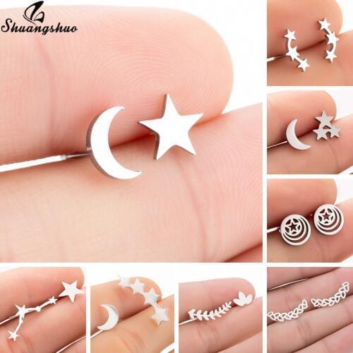 Fashion Classic Stainless Steel Stud Earrings Women Star Moon Earing Ear Climber Cute Leaf Earings Ear Crawlers pendientes