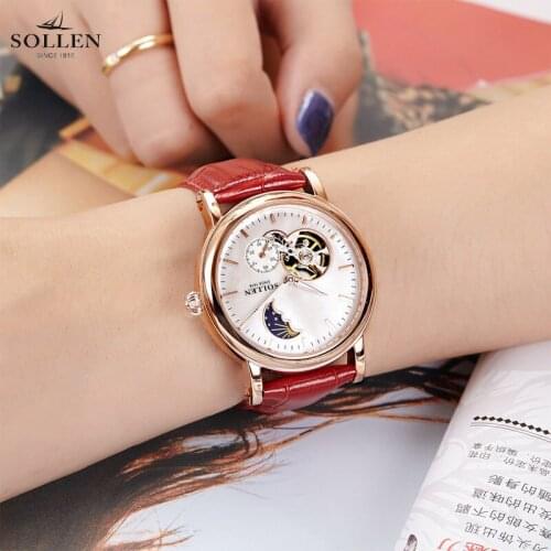 SOLLEN Brand Mechanical Automatic Lady WristWatch Moon phase independent second hand Watches Leather Band Girl Watch