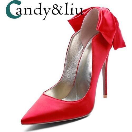 Microfiber Super High Heels Women Pumps Butterfly-knot Bowknot Slip-on Pointed Toe Shoes Party Banquet Evening Dress Bridesmaid
