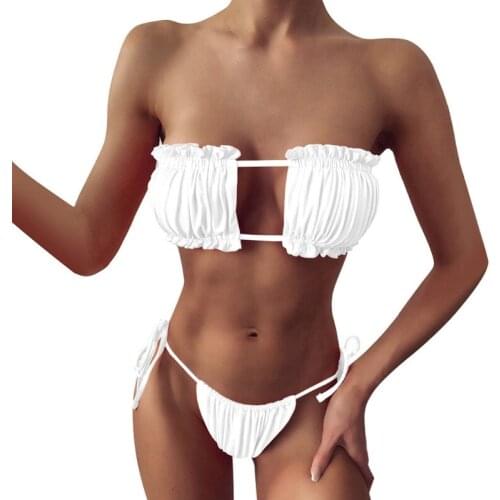69HD Women Sexy 2pcs Bikini Set Strapless Hollow Out Ruched Bandage Bathing Swimsuit