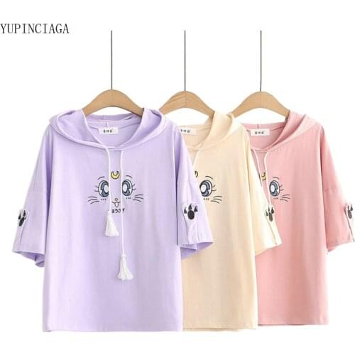 2021 Summer New Harajuku Short Sleeve Hoodies Women Cute Sweet Embroidery Loose Casual Hooded Sweatshirt Pullovers Top 2114298