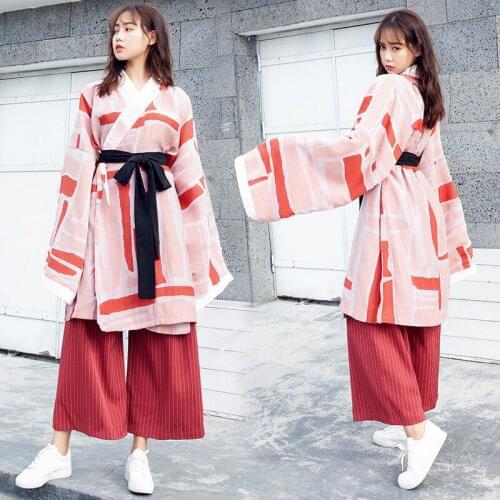 Daily hanfu female printing knitting big wide sleeve shirt sleeve collar blouse song summer leisure skirts pants suit