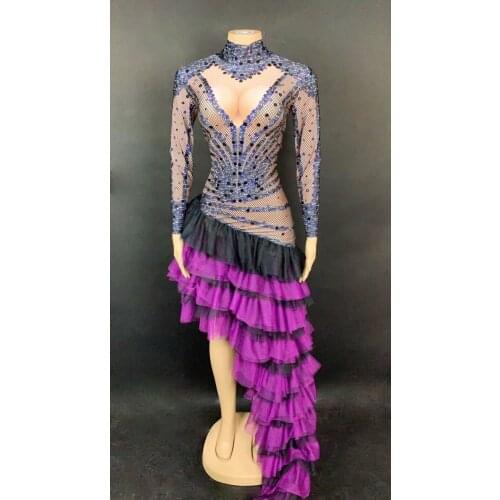 European Court Asymmetric Crystal Mesh Tiered Dress Women Rhinestone Party Evening Long Dress Singer Latin Dance Stage Costumes