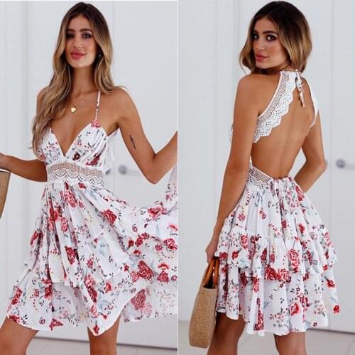 2021 Women Summer Sexy Backless Boho Beach Dress Elegant Florl Print Bandage Mini Dress Women Casual Lace Patchwork Party Dress