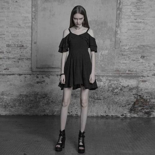 PUNKRAVE Womens Gothic Lotus Leaf Chiffon Strap Dress Hollow Sexy Handsome Off Shoulder Party Evening Dinner Sling Half Dress