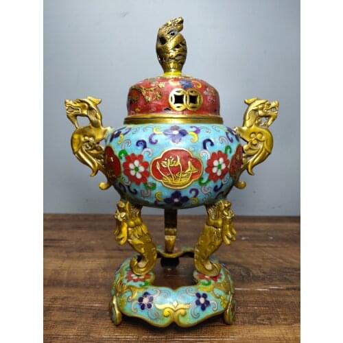 12"Tibet Buddhism Old Bronze Long head Three-legged incense burner Chilong Binaural Three-body Panlong cover Incense burner