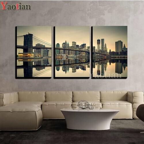 3 PCS 5D Diamond Painting Modern City Building River Reflection Full Square/Round Drill Embroidery Cross Stitch Diamant Painting