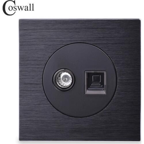 Coswall Aluminum Panel RJ45 Internet Jack With TV Outlet Wall Data Computer Socket Knight Black