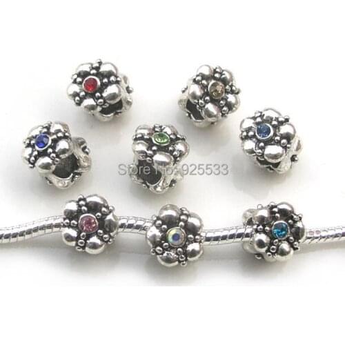 Free Shipping 50pcs antique silver plated metal mix color crystal rhinestone round big hole beads for European bracelet DIY