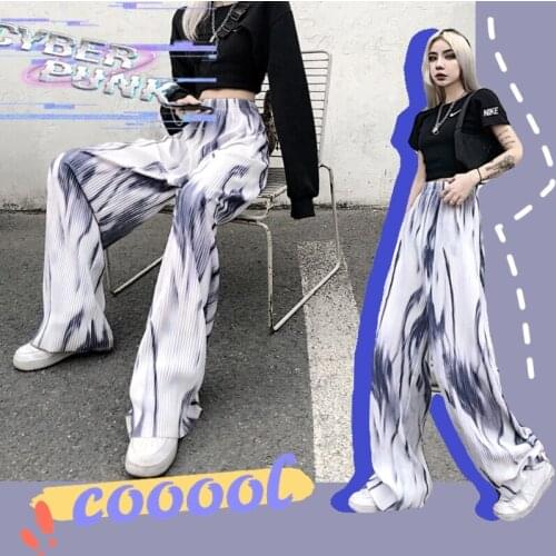 Cyber y2k Punk Fluid Women’s Long Pants Tie-Dye Wide-Leg Pants Unique Kpop Clothes Hight Street Trousers Festival Clothing