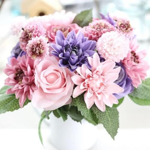 Vivid Silk Rose & Dahlia Artificial Bouquet 1 Bunch Wedding flowers ideas Bridesmaid Bridal Bouquets Wedding decoration