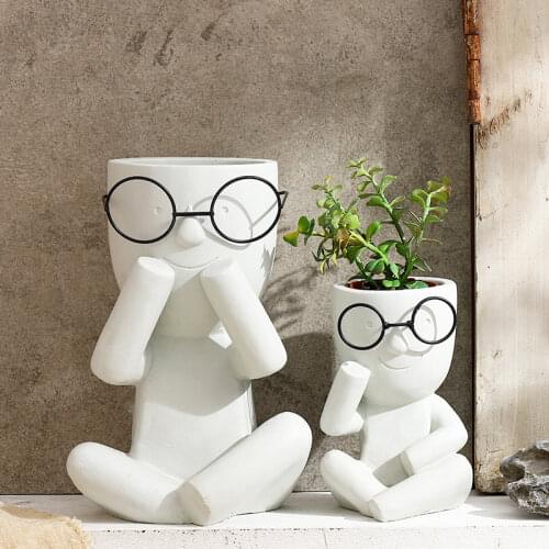 Cement Human Shaped Vase Portrait Flower Pot Wear Glasses Creative Art Succulent Plant Pot Personality Decoration Birthday Gift