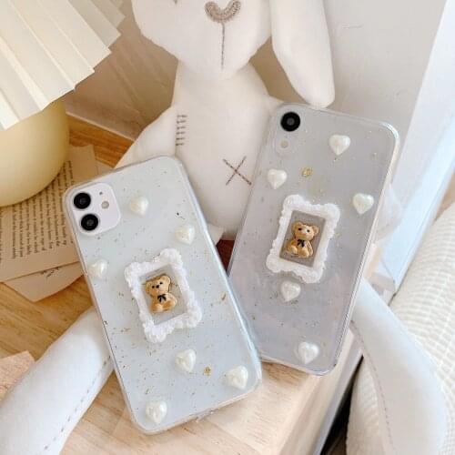Gimfun 3D Bear Bling Glitter Phone Case for Iphone 11 Pro Max Pearl Love Heart Clear Tpu Case Cover for Iphone Xr X 7 8 Plus SE