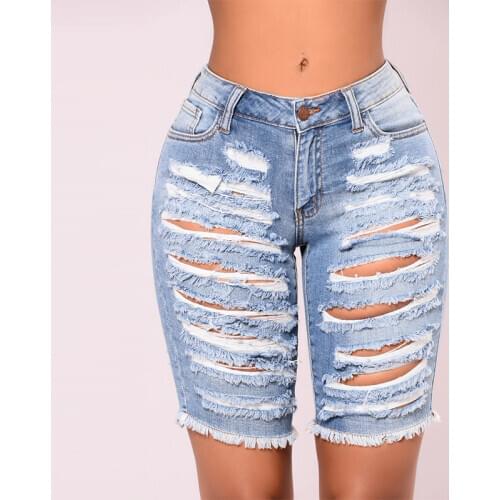 Denim Shorts Ripped Low Waist Women Summer Plus Size Hole Cut Out Knee Length Shorts Jeans Female Stretchy Short Denim Pants