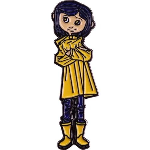 Coraline enamel pin cute doll in yellow raincoat brooch creepy animation badge shirts jackets decor