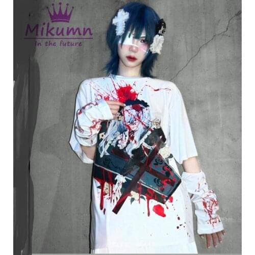 Harajuku Gothic Dark Japanese Cartoon Print Short Sleeve T-Shirt O-Neck Loose Summer Women Punk T Shirts White Top Streetwear