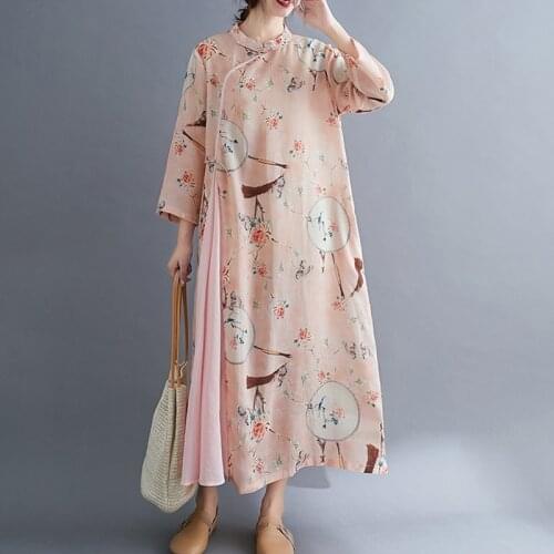 Retro Chinese Style Oblique Button Cotton Linen Dress Vintage Autumn Plus Size Long Dresses Loose Clothes Robe Vestido TA2371