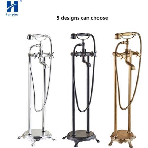 Hongdec Modern design Bathroom Brass Floor Mount Free Standing Bathtub Faucet Shower System set