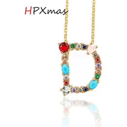 HPXmas A-Z 26 Letters Colorful Crystal Stones Pendant Golden Color Chain Necklace Monogram Women Jewelry Gift A117