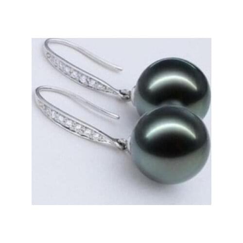 Perfect round AAA+ 10.5-11mm Tahaitian Black Pearl Earrings earrings natural Luxury Ms. girl Wedding Jewelry