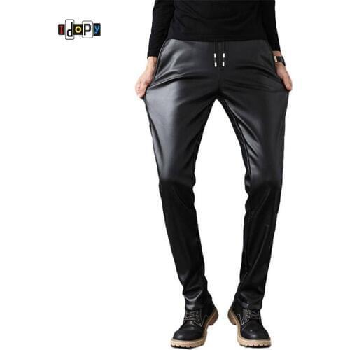Idopy Fashion Trend Black PU Faux Leather Pants Skinny Casual Business Mens Leather Jeans Pants Tousers For Men With Drawstring