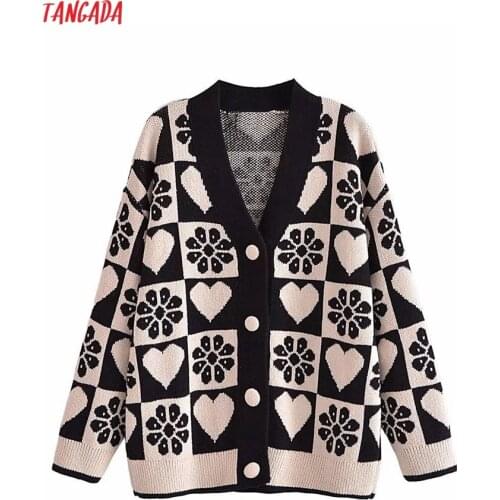 Tangada Women Elegant Heart Pattern Cardigan Vintage Jumper 2021 Oversized Knitted Cardigan 3H303