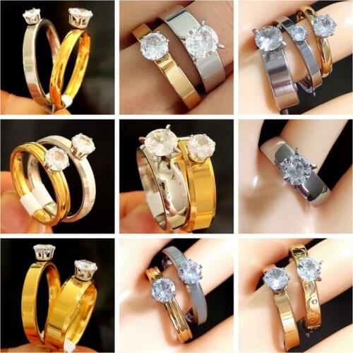 30pcs Couples Zircon Stainless Steel CZ Rings Crystal Rhinestone Wedding Engagement Rings lover Gift