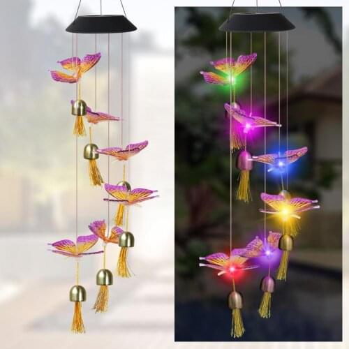 Color Changing Solar Power Wind Chime Crystal Ball Hummingbird Butterfly Waterproof Outdoor Windchime Light For Patio Yard