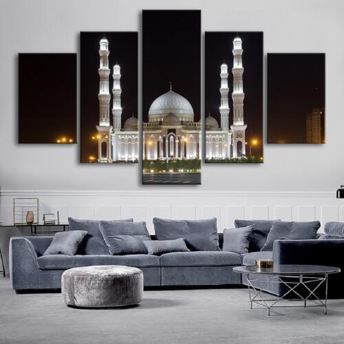Islamic Mosque Nigfht Sight Wall Art 5 Pieces Islamic Wall Art Landscape Canvas Print Paintings Poster Living Room Decoration