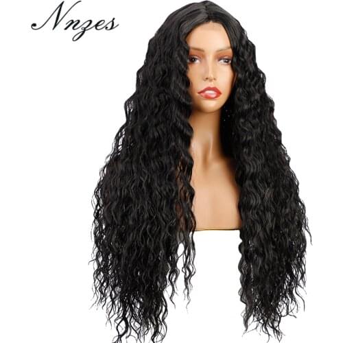 NNZES 24inches Long Kinky Curly Black Synthetic Wigs Middle Part Pink Red Blonde Wig for Black Women Heat Resistant Fiber