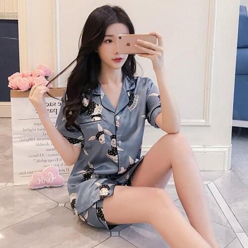 2021 New Imitation Silk Pajamas Womens Summer Short-sleeved Shorts Cardigan Womens Home Service Pajama Set Women Sleepwear