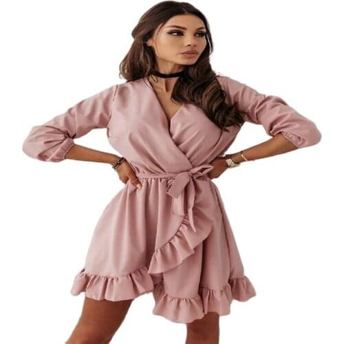 2021 Autumn And Winter New Ladies Fashion High Quality Hot Sale Long-Sleeved Ruffled Belt Dress
