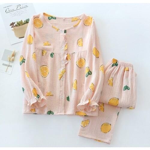 Spring /Autumn Pajamas Set Women Pure Cotton Crepe Long Sleeve Lemon Sleepwear Ladies Loose Round Collar Thin Summer Home Wear