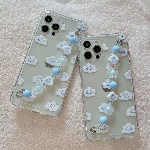 Shockproof Wrist Chain Clear Phone Case for iPhone 12 Pro Max 7 8 Plus XR X Cute Smiley Clouds Chain Hanging Cases for iPhone 11