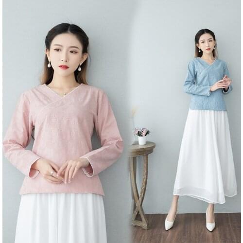 S-3XL Retro Blue Pink Cotton Linen Long Sleeve Summer Han Fu Traditional Chinese Clothing for Women Hanfu Tops Blouse Costume