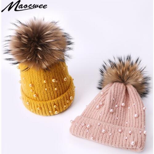 Pom Pom Hat Crochet Rabbit hair Beanie Knitted Winter pearl Female Warm Soft Solid Elasticity Nature Fur Striped Cap Raccoon