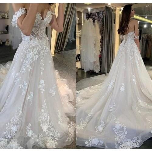 Off Shoulder Lace Wedding Dresses 2020 long Train Country lace-up corset Bridal Gowns Modern Garden Church Vestidoe De Noiva