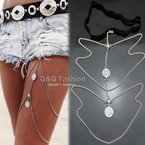 Vintage Silver Plated Gypsy Coin Thigh Harness Bikini Garter Stretch Body Leg Chain Jewelry New