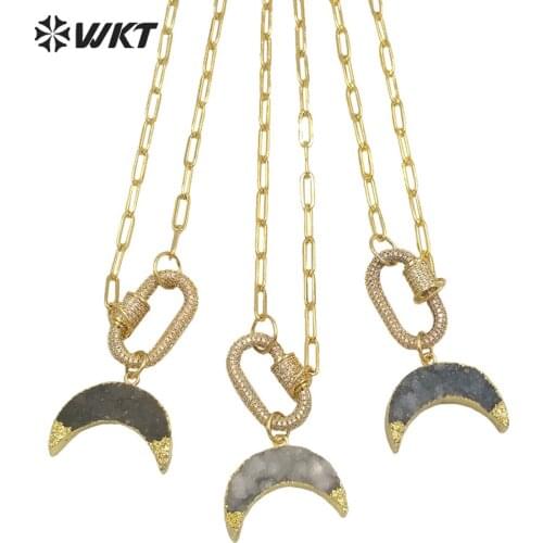 WT-N1302 Amazing Unique fashion gold electroplated Natural druzy quartz Crescent moon necklace lady Micropave CZ clasp necklace