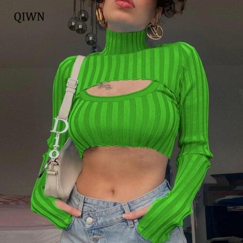 Autumn Fashion Turtleneck Women Top 2 Pieces Long Sleeve Cropped Top T-Shirts Y2K Striped Knitted Top Tees Slim