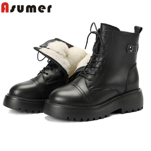 Asumer 2021 winter snow boots women genuine leather shoes comfortable low heel casual keep warm nature wool ankle boots women