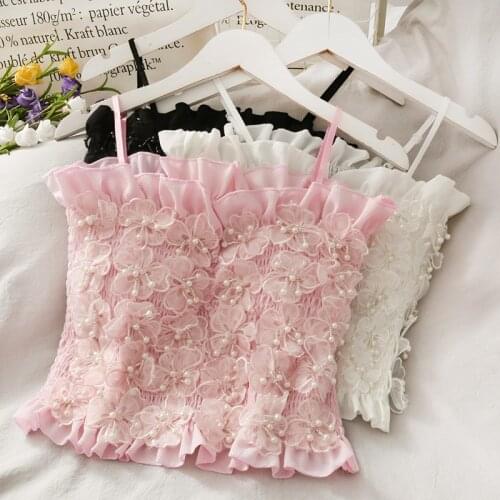 Real Shot New Fashion Lace Camisole Women 3D Flowers Beading Lace Tube Top Tight Elastic Sleeveless Base Cropped Tops Y1006