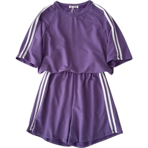 Summer Two Piece Set Women Solid Color Striped Shirt Shorts Suit Purple Pants Set Short Sleeve T-shirt + High Waist Shorts Girl
