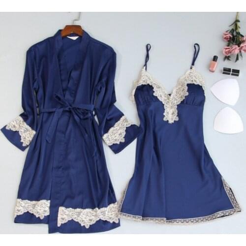 MECHCITIZ 2019 Silk Women Robe Gown Sets Sexy Lace Sleepwear Lounge Summer Pijama Ladies Nightwear Femme Bathrobe Night Dress