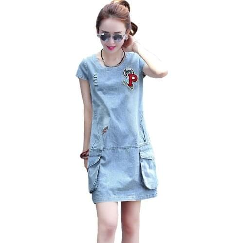 2021 New Fashion Women Summer Denim Dress Round Neck Short Sleeve Hole Pocket Casual Plus Size Slim Mini Dresses OK741
