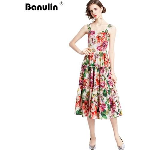 Runway Beading Petal Buttons Spaghetti Stap Dress Women Elegant Floral Printed Beach Dress Female Vacation Ruffles Pleated Dress