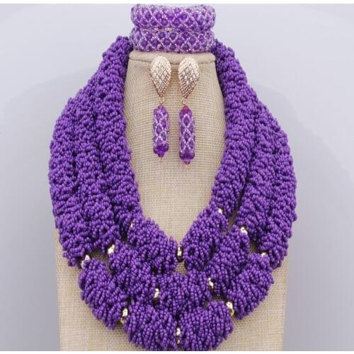 Gold Metal Beads Crystals Jewelry Sets New Handmade African Wedding Nigerian Beads Big Sage Purple Necklace Free Shipping