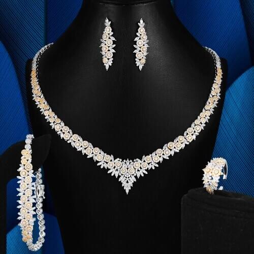 Missvikki Elegant Luxury Nigerian Wedding Women Bride Noble Necklace Earrings Bangle Ring 4PCS Dress Jewelry Set High Quality